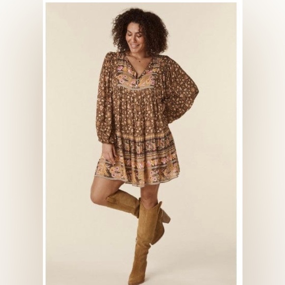 New SPELL MADAME PEACOCK BOHO festival Relax fit MINI DRESS - COFFEE - Picture 3 of 14